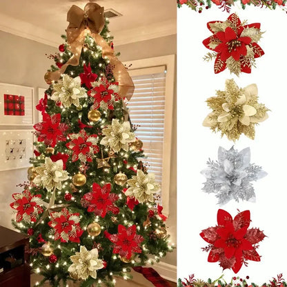 Christmas Glitter Artificial Flowers Christmas Tree Hanging Ornaments Fake Flower for Home 2025 Xmas New Year 2026 Navidad Gift Beauty World Shop