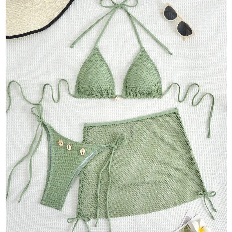 New Sexy Net Bikinis Female Swimsuits Women Three-Piece Swimwear Beach Swim Wear Bathing Suits Brazilian Bikini Set Pool Bather Beauty World Shop