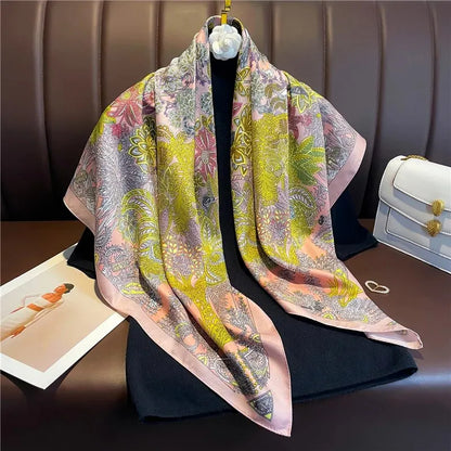 90cm Silk Twill Square Scarf For Women Spring Print Hair Band Hijab Foulard Sunsceen Neckerchief Shawl Wraps Echarpe New Beauty World Shop