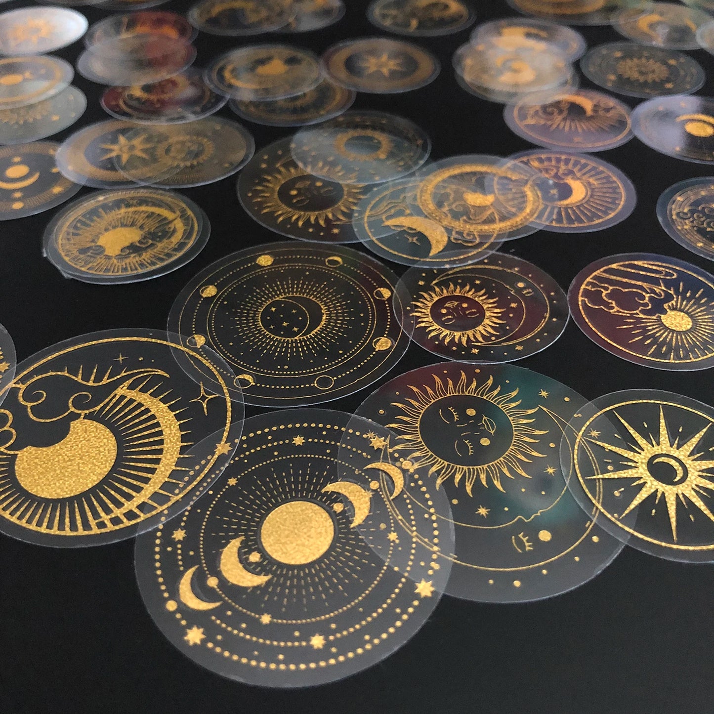 70 pcs Glitter Gold PET Adhesive Stickers Waterproof Transparent Label: SUN MOON Stars Etc Beauty World Shop