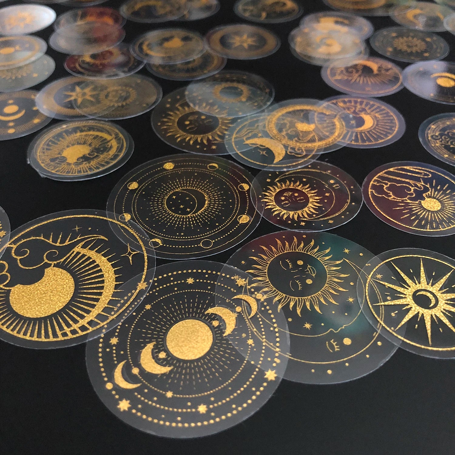 70 pcs Glitter Gold PET Adhesive Stickers Waterproof Transparent Label: SUN MOON Stars Etc Beauty World Shop