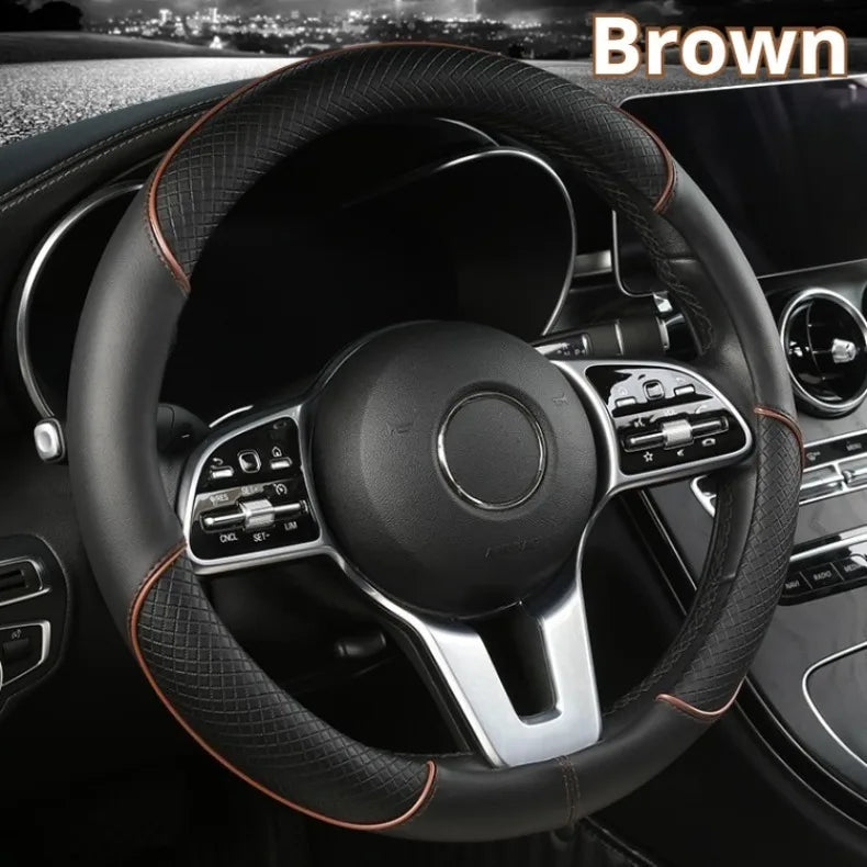 All Seasons Leather Diamond Steering Wheel Cover Universal Fit for 14 .5-15 Inch Durable Leather Cover Anti-Slip Veins Design Beauty World Shop