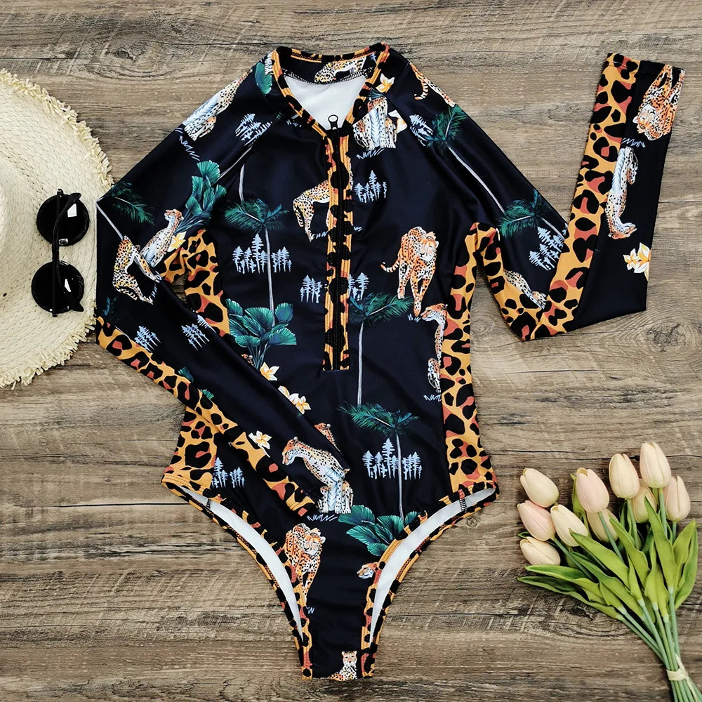 2026 Surfing Sport Swimsuit Long Sleeves Women One Piece Swimsuit  Swimwear Solid Monokini Bathing Suit Tropical Bodysuit Female Beauty World Shop
