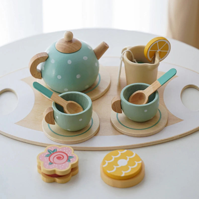 Kids Wooden Tea Set Play House Pretend Make Tea Play With Teapot Teacup Afternoon Snack Role Playing Toys Boys Girls Gift Beauty World Shop