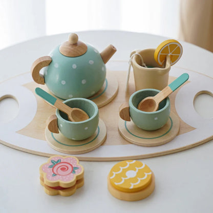 Kids Wooden Tea Set Play House Pretend Make Tea Play With Teapot Teacup Afternoon Snack Role Playing Toys Boys Girls Gift Beauty World Shop