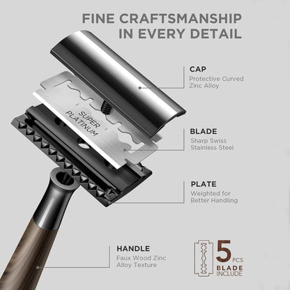 Double Edge Safety Razor, Zinc Alloy Handle Razor with 5 Swiss Stainless Steel Blades, Heavy Duty Eco-Friendly Razor f Beauty World Shop