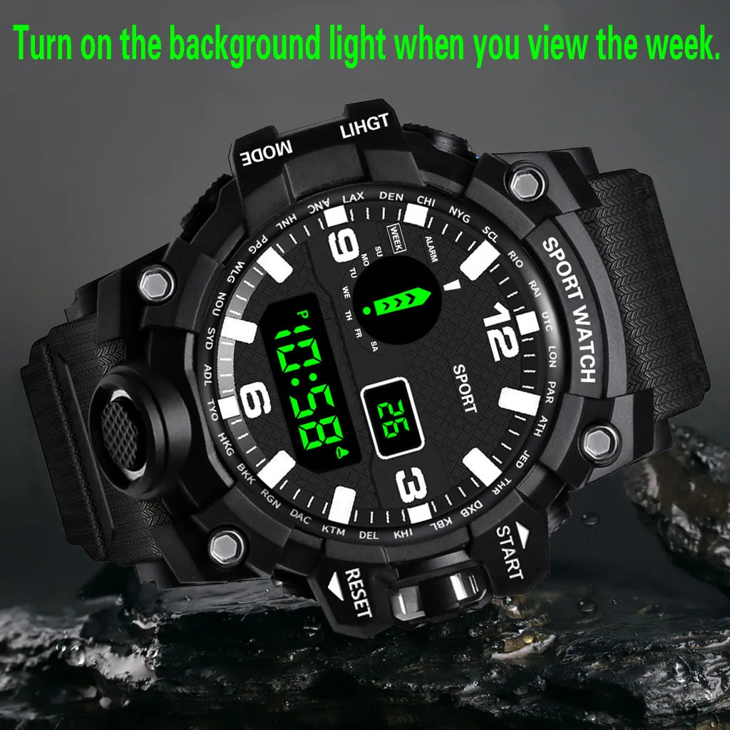 Fashion Men's Watch Sports Electronic Wristwatch Large dial Multifunctional Waterproof Luminous Alarm Kids Male's Military Watch Beauty World Shop