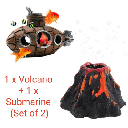 Aquarium Decoration Set Resin Submarine & Volcano Air Bubbler Fish Tank Ornaments Landscape Accessories for Betta Shrimp Decor Beauty World Shop