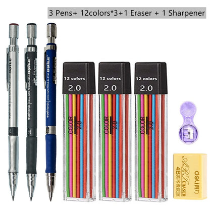 Mechanical Pencil Set 2.0 mm with 2B Black/Colors Lead Refill For Writing Sketching Art Drawing Painting School Automatic Pencil Beauty World Shop
