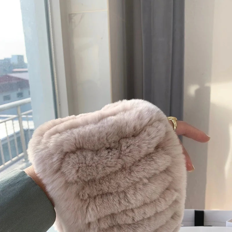 Women Handmade Stretch 100% Real Rabbit Fur Scarf Knit Genuine Rex Rabbit Fur Headbands Girls Natural Rabbit Fur Ring Scarves Beauty World Shop