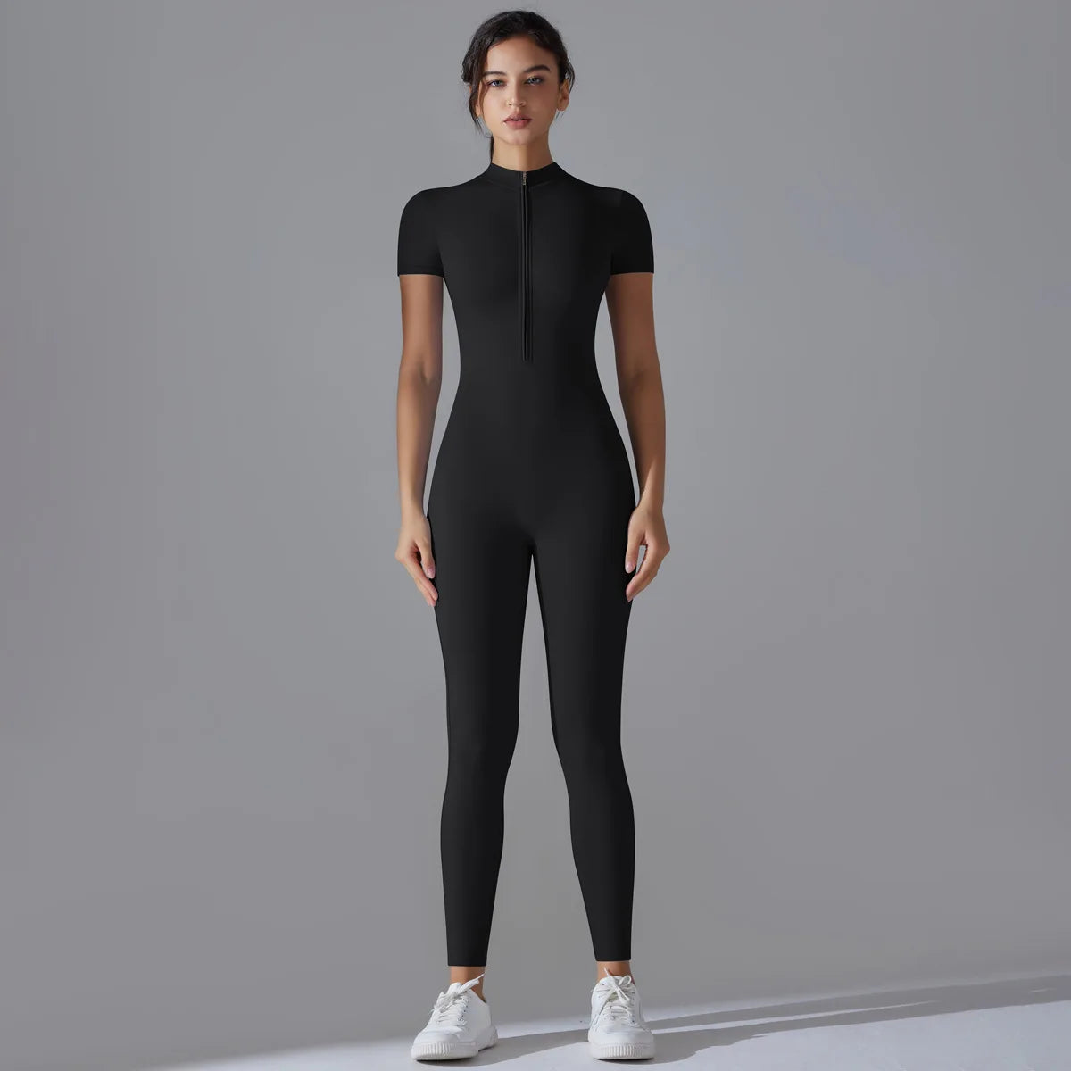 Naked zipper short sleeved yoga suit jumpsuit, quick drying breathable outdoor sports tight fitting jumpsuit, fitness suit Beauty World Shop