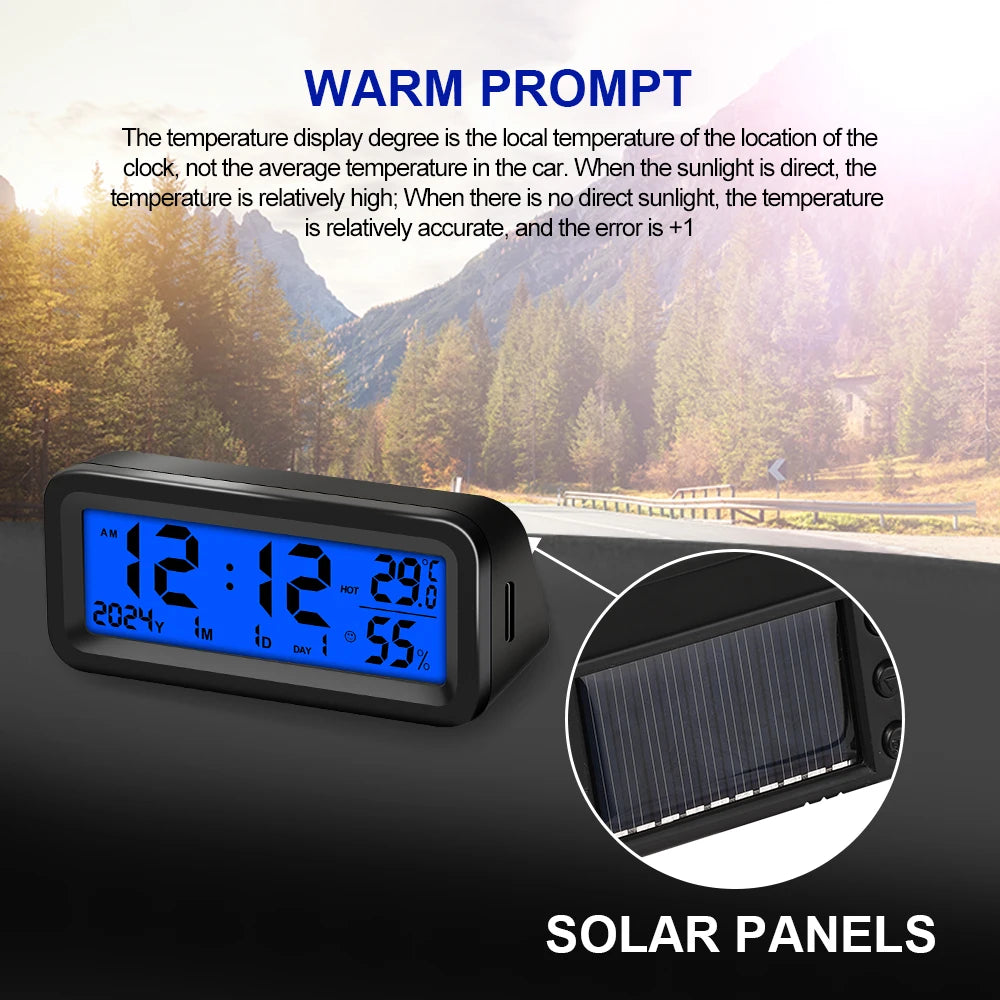 LCD Digital Car Clock Solar Power Temperature Humidity Gauge Backlight Automobiles Dashboard Clock Car Internal Accessories Beauty World Shop