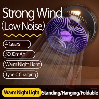 2024 New Rechargeable 3IN1 Multifunctional Portable Fan Wall Mounted Fan 90° Folding Fan 4 Gears With Warm Night Light Beauty World Shop