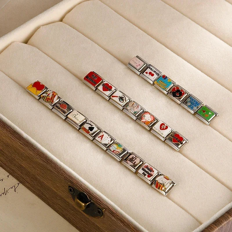 Hapiship 2024 New Fashions Colors Romantic Heart Poker Charm Links Fit 9mm Bracelet Stainless Steel Making DIY Jewelry DJ736-B Beauty World Shop