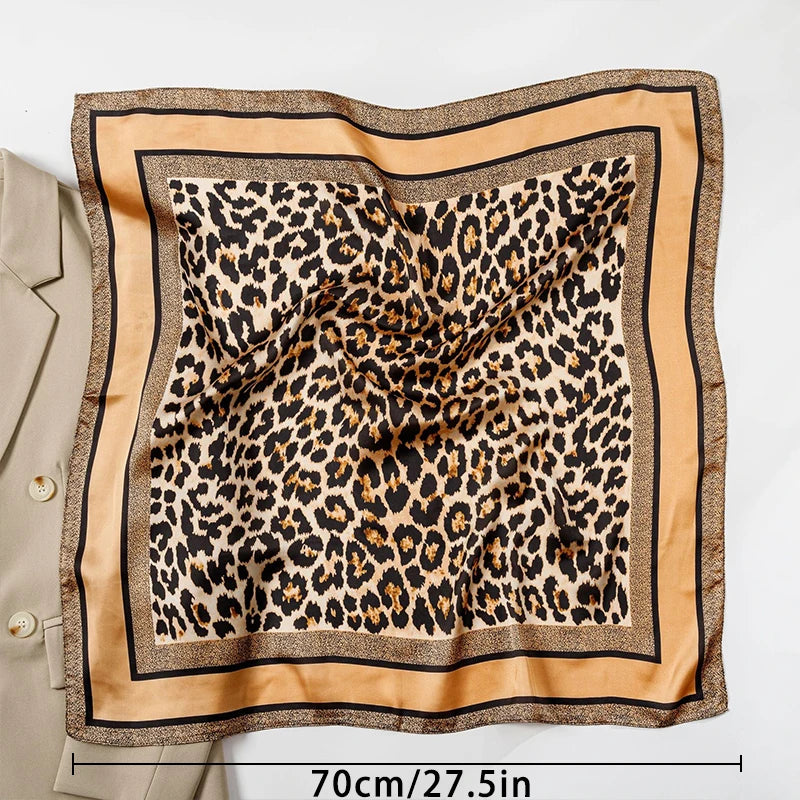 1pcs 70cm Leopard Print Silk Scarf for Women Imitation Silk Light Luxury Versatile Headwear Bag Decoration Clothing Square Scarf Beauty World Shop