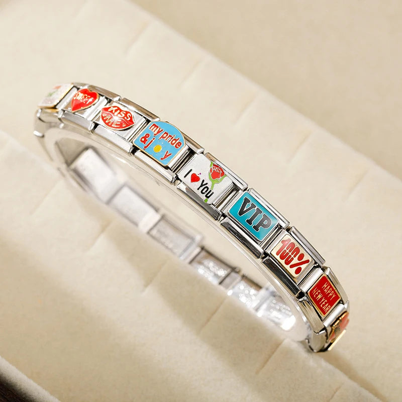 Hapiship 2024 Women Color Glaze Sexy Family Sweet Kiss Me Charm Links Fit 9mm Bracelet Stainless Steel Making Jewelry DJ717-C Beauty World Shop