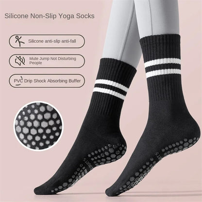 1 pair of women's yoga socks, skipping rope sports socks, Pilates indoor anti slip floor socks, double bar mid leg socks Beauty World Shop