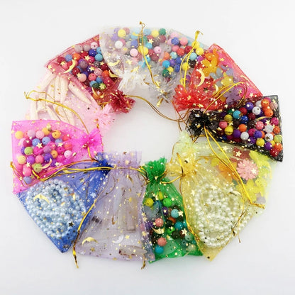 50PCS Moon Stars Drawstring Organza Bags Jewelry Gift Bags Pouches Gold Star Organza Favor Pouches for Christmas Wedding Beauty World Shop
