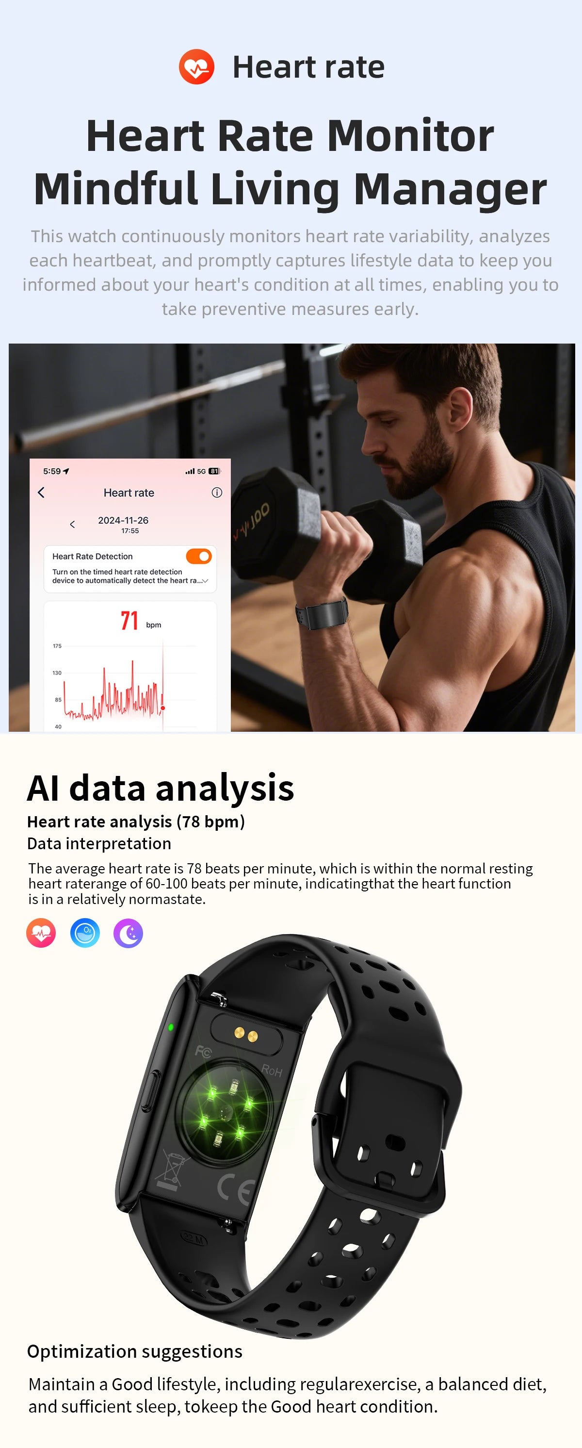 LIGE NO Screen Smart Wristbands With Heart Rate Sleep AI Health Monitor Report Smart Bracelet Incoming Call Notification Watches Beauty World Shop