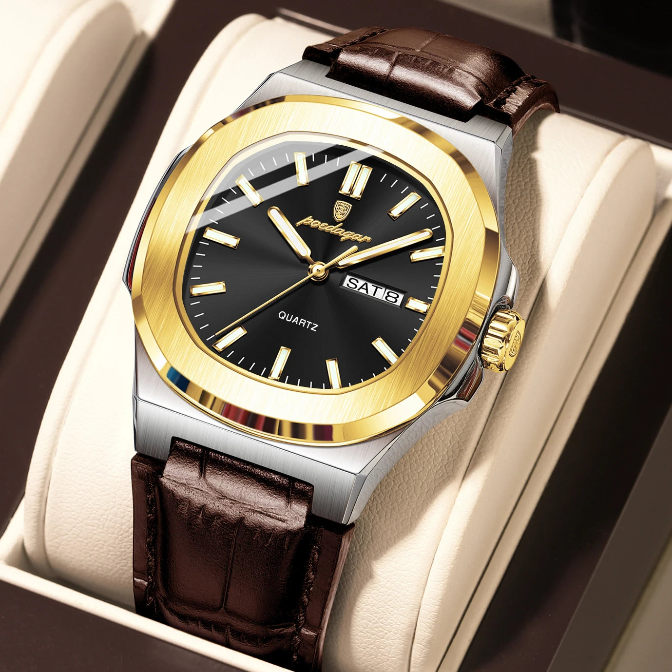 POEDAGAR Square Wristwatch For Men Luminous Waterproof Week Calendar Luxury Man Clock Leather Quartz Fashion Men's Watches Reloj Beauty World Shop