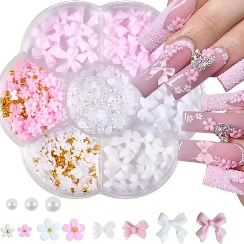 500PCS 3D Nail Art Decoration Kit with Resin Bows, Flat Back Pearls, and Assorted Shapes – Unscented DIY Craft Embellishments Beauty World Shop