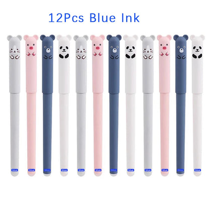 12pcs Animals Panda Erasable Gel Pen 0.5mm Blue Black Erasable Pen Refills Rods Washable Handle School Supplies Stationery Beauty World Shop