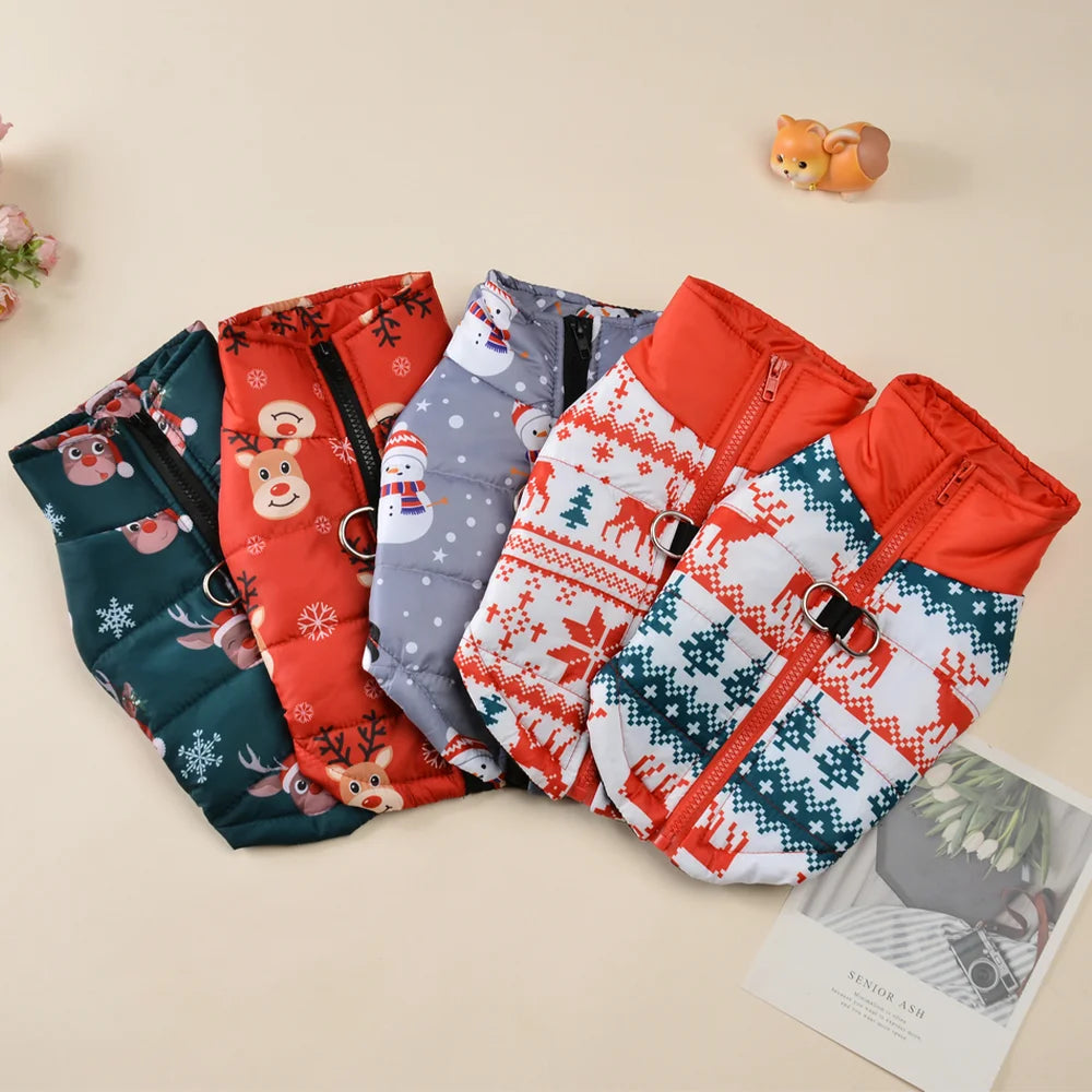 New Year Pet Coat For Christmas Deer Print Dog Jacket With D-ring Waterproof Pets Costume For Small Medium Dogs Bulldog Clothes