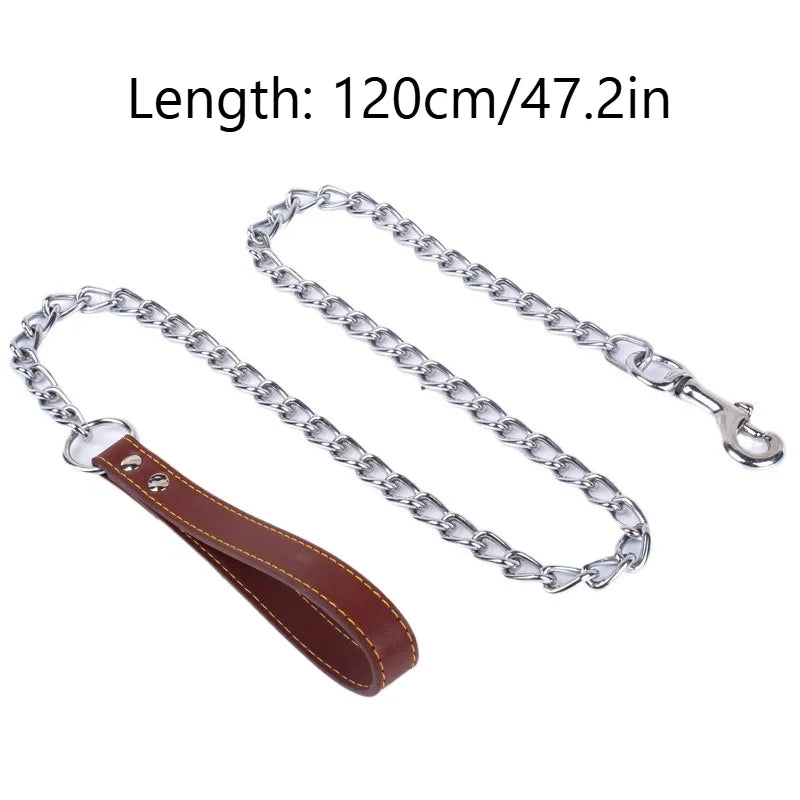 Metal Chain Dog Lead with Leather Style Handle Strong Control Leash Iron Dog Pets Supplies Collars Harnesses Chain Traction Rope Beauty World Shop