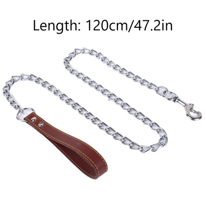 Metal Chain Dog Lead with Leather Style Handle Strong Control Leash Iron Dog Pets Supplies Collars Harnesses Chain Traction Rope Beauty World Shop