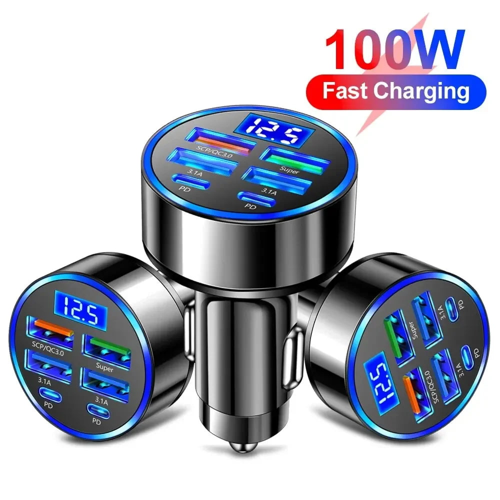 250W PD Car Charger QC3.0 Fast Charge two to Six Port Car Cigarette Lighter Plug Car Charger Flash Charge with Digital Display Beauty World Shop