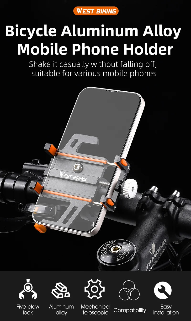 WEST BIKING Bicycle Mobile Phone Holder 360° Rotatable  Aluminum Alloy Phone Holder Five Claws Adjustable MTB Road Bike Bracket Beauty World Shop