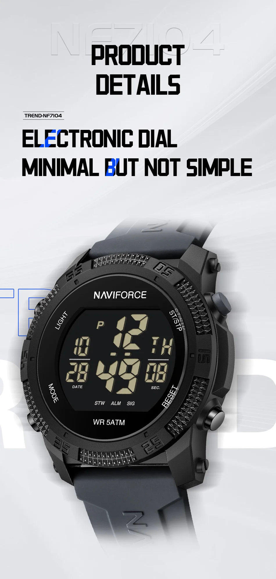 NAVIFORCE 7104 Sports Men's LCD Digital Leisure Date Week Alarm Clock Waterproof Silicone Strap Electronic Watch électronique Beauty World Shop