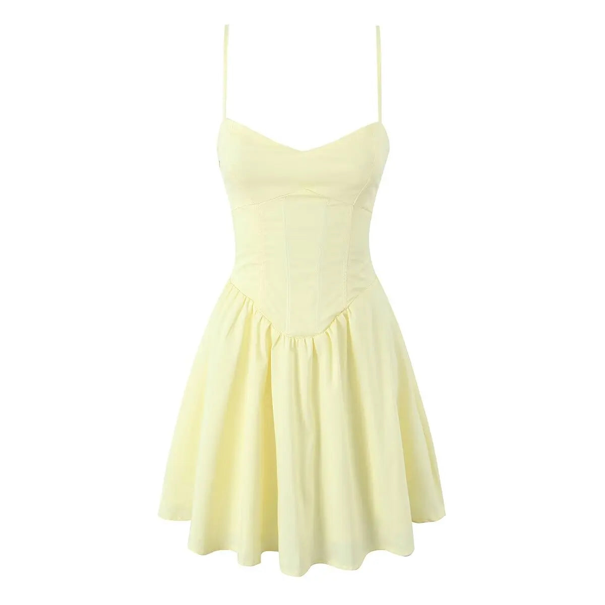 YENKYE Sexy Elegant Women Fishbone Waist Shaping Sling Mini Dress Lace Up Back Fit And Flare  Summer Party Dresses Yellow Robe Beauty World Shop