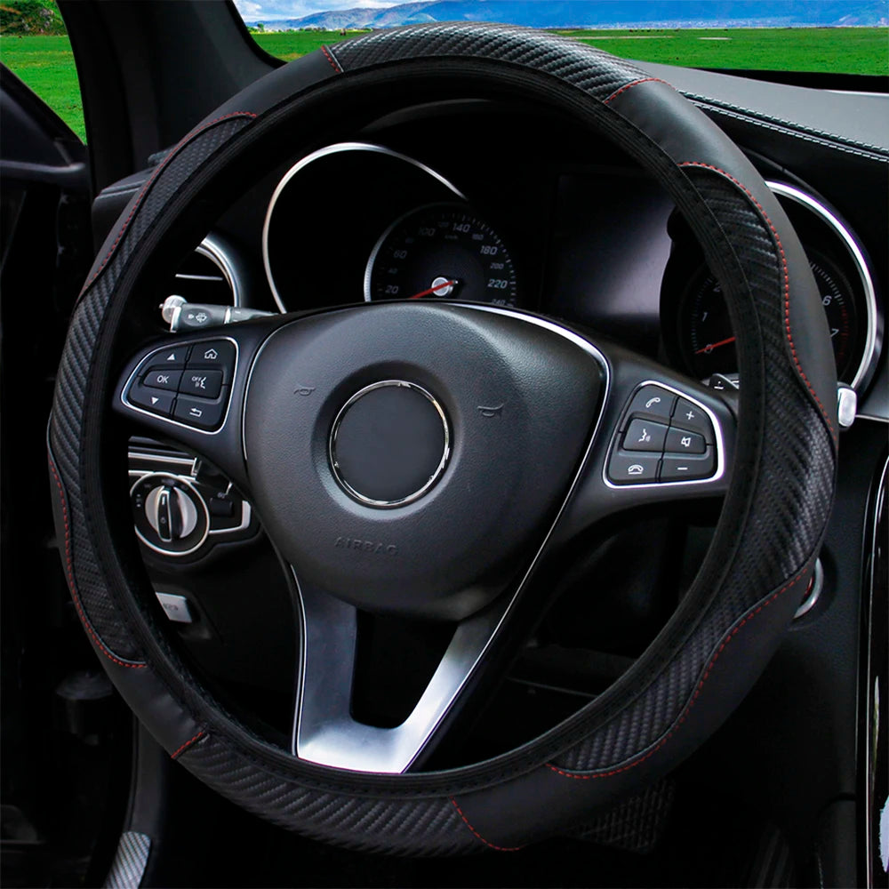 PU Carbon Fiber Leather Car Steering Wheel Cover without Inner Ring Suitable for 14.5-15 Inches of Automotive Supplies Beauty World Shop
