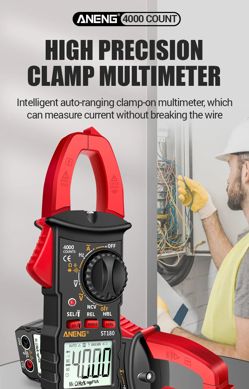 ANENG ST180 AC Current Clamp Meter  Digital 4000 Counts Multimeter Ammeter Voltage Tester Car Amp Hz Capacitance NCV Ohm Tool Beauty World Shop