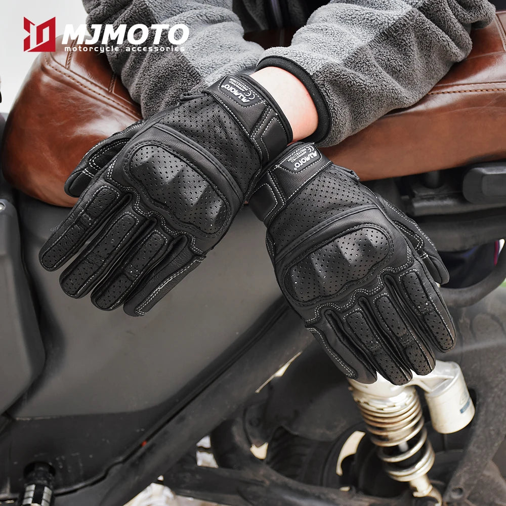 With CE Approved Summer Retro Perforated Leather Motorcycle Gloves Men Women Full Finger Motocross Dirt Biker Glove Guantes Moto Beauty World Shop