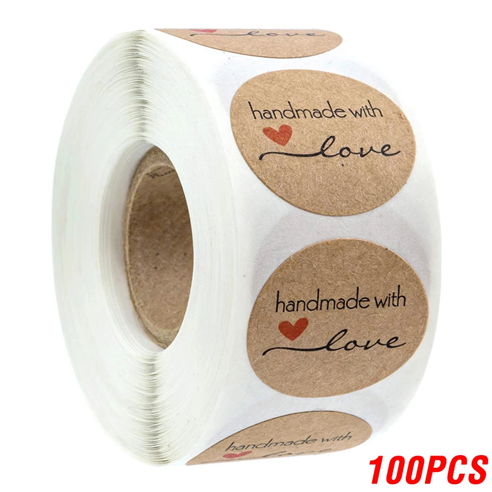 100-500pcs 1inch Vintage Kraft Paper Handmade With Love Stickers for Package Thank You Stationery Adhesive Labels Baking Seals Beauty World Shop