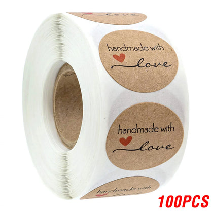 100-500pcs 1inch Vintage Kraft Paper Handmade With Love Stickers for Package Thank You Stationery Adhesive Labels Baking Seals Beauty World Shop