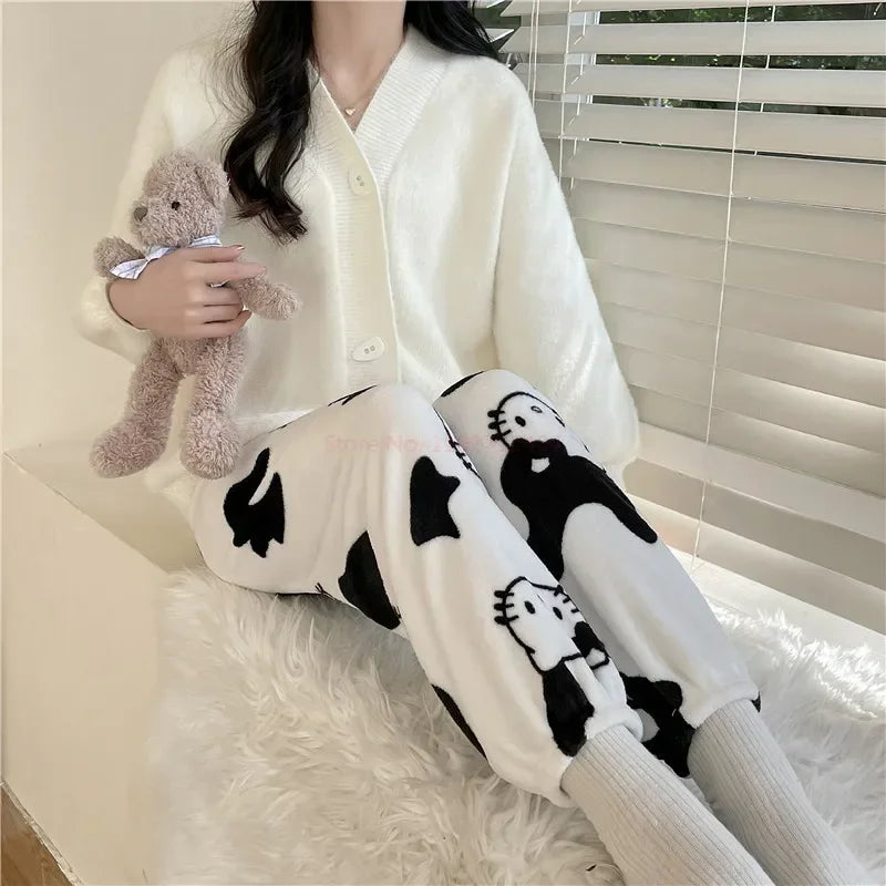 2024 Sanrio Hello Kitty Pajamas Halloween Flannel Fashion Trouserswomen Kawaii Woolen Anime Cartoon Casual Home Pants Autumn Beauty Fashion