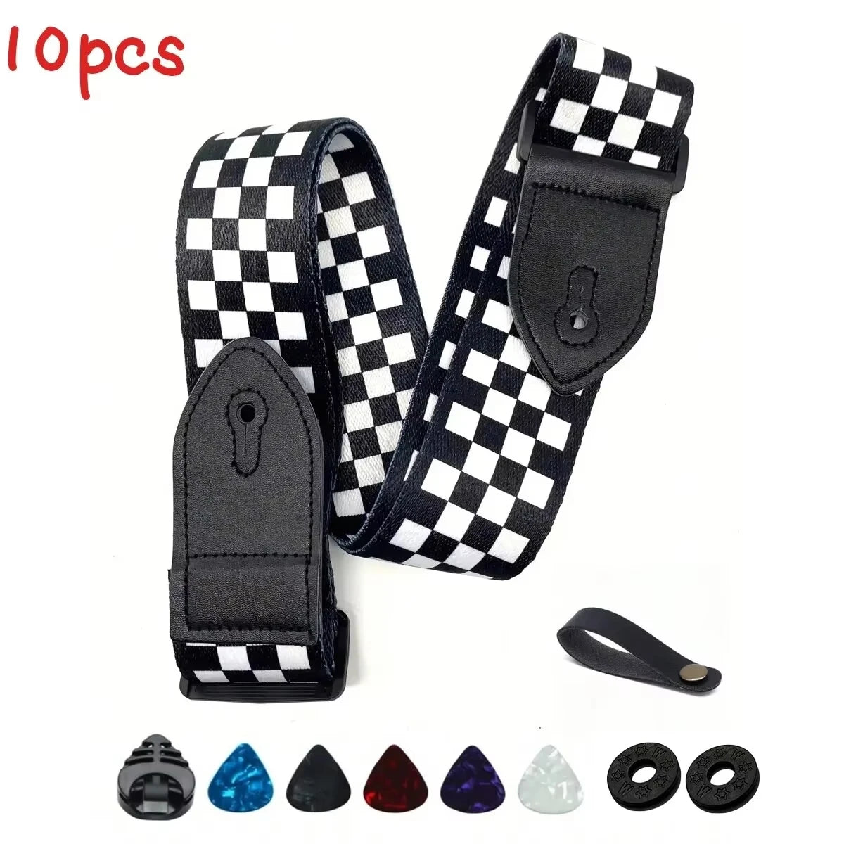 10pcs Guitar Shoulder Strap, Black and White Squares Pattern Adjustable Guitar Shoulder Strap Includes 5 Guitar Picks and 1 Hold Beauty World Shop