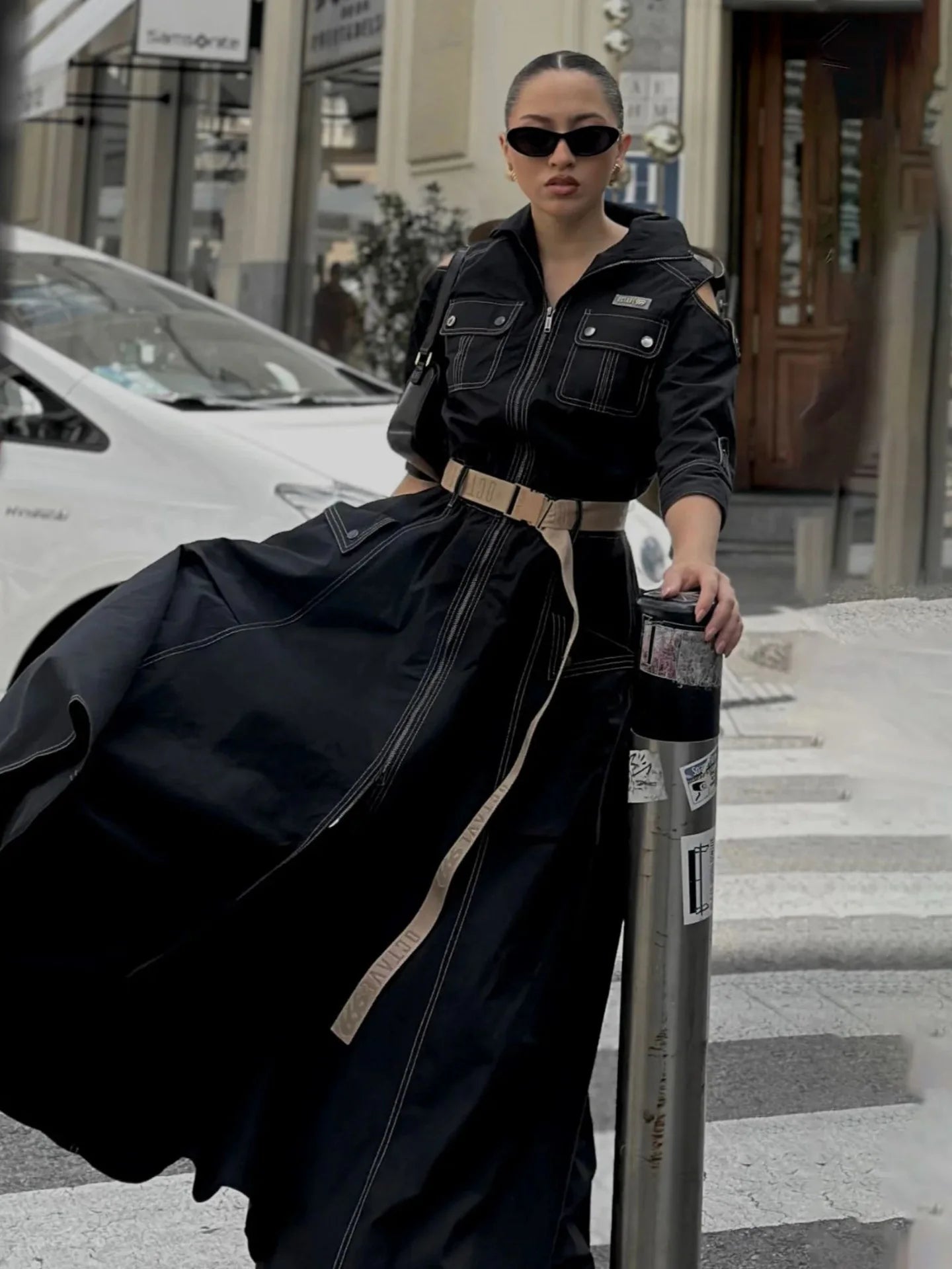 Summer Dress for Women 2026 Retro Turn-down Collar Cold Shoulder Half Sleeve Zipper Belt Pockets Split High Waist Maxi Dresses Beauty World Shop