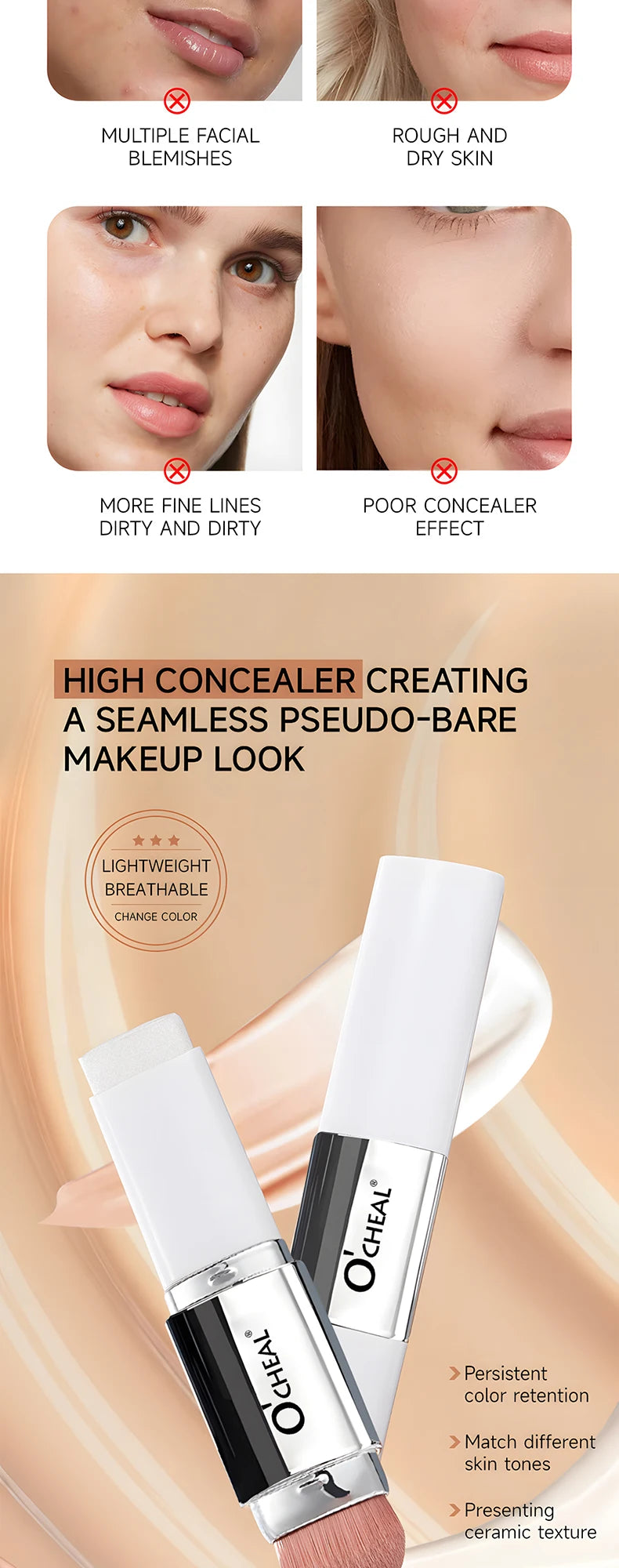 O'CHEAL Temperature Changing Foundation Stick Facial Coverage Blemishes Pores Double-Headed Face Matte Makeup Foundation Cream Beauty World Shop