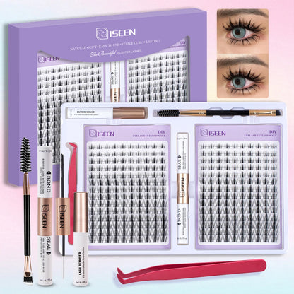 ISEEN DIY Eyelash Extension Kit Cluster Mix Eyelashes Full Set Lashes Kit with Lash Bond & Seal and Eyelash Tweezers and Brush Beauty World Shop