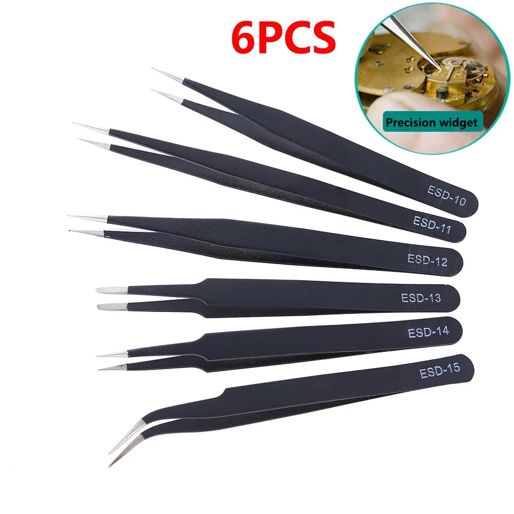 6Pcs Anti-static ESD Tweezers Maintenance Tool Industrial Precision Curved Straight Tweezers Repair Tools Set Beauty World Shop