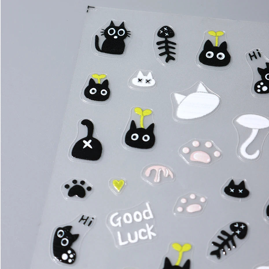 2pcs Black Cat Nail Stickers 3D Cute Cartoon Animal 3D Self-Adhesive Nail Art Decals Sliders Decorations Manicure Accessories Beauty World Shop