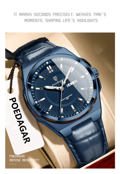 POEDAGAR Fashion Brand Man Wristwatch Waterproof Luminous Date Week Quartz Luxury Men's Watches Leather Business Men Watch Reloj Beauty World Shop