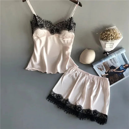 Women Pajama Suit Fashion V-Neck Lace Sexy Lingerie Pyjamas Sleep Shorts Set Sleepwear New Beauty World Shop