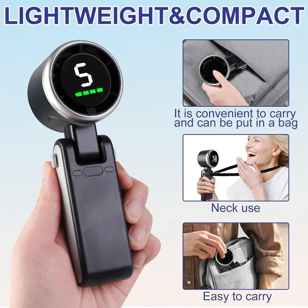 3-in-1 Portable Handheld Turbo Fan, 5-Speed High-Velocity Cooling, 3600mAh Battery, Digital Display, Foldable USB/Type-C Fan