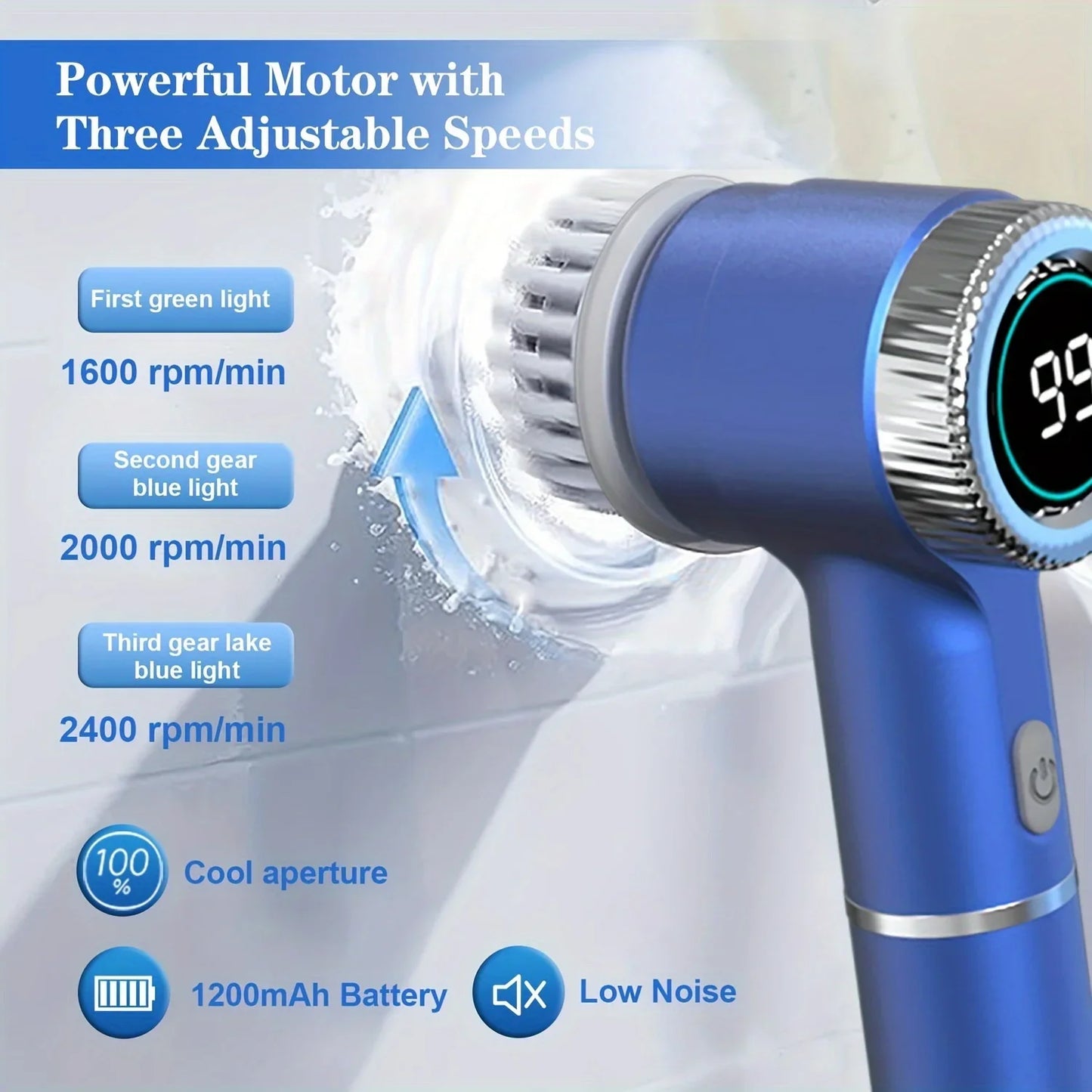 Electric Cleaning Brush LED Display with 5 Replaceable Brush Heads 3-speed Adjustable Cleaning Tool For Kitchen Bathroom