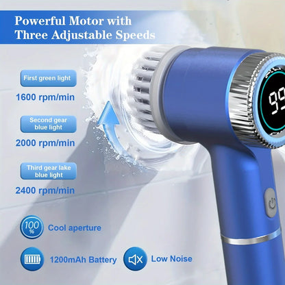 Electric Cleaning Brush LED Display with 5 Replaceable Brush Heads 3-speed Adjustable Cleaning Tool For Kitchen Bathroom